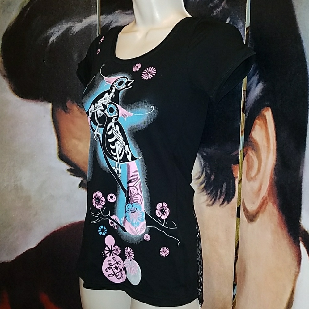 Too Fast Skeleton Bird Top w Black Lace Back Large Pink Polka Dot Bow - Picture 5 of 8